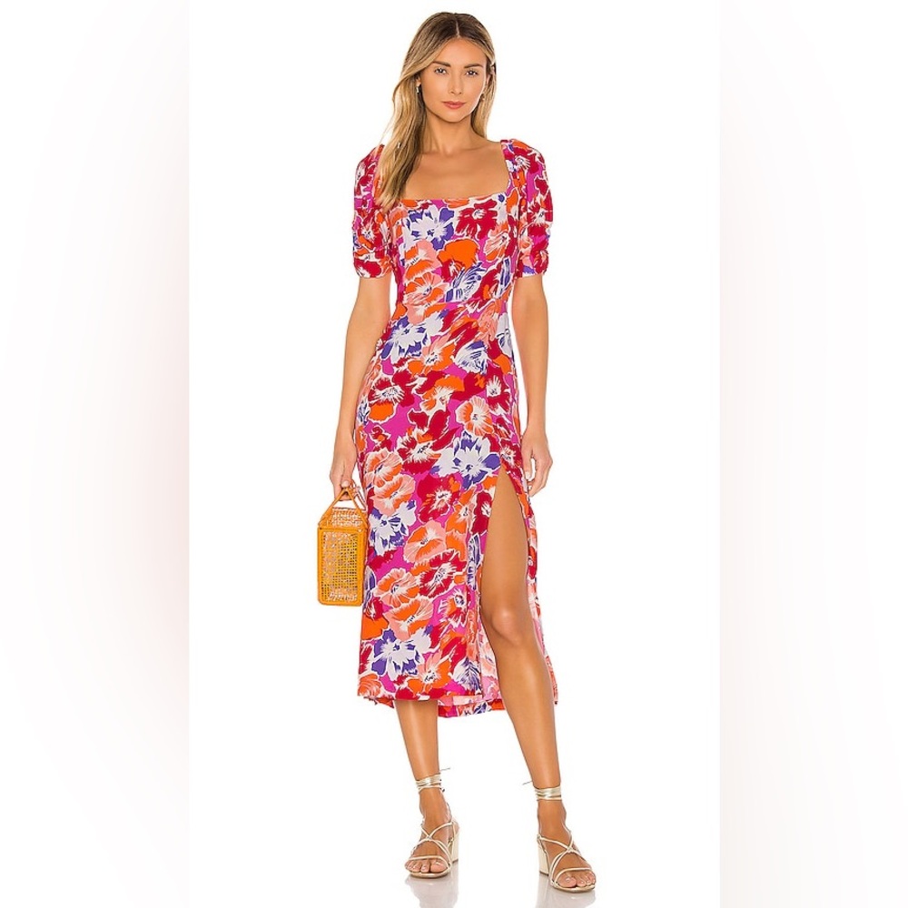 L*SPACE Alissa Square Neck Short Sleeves Midi Dress Super Bloom Floral Medium M